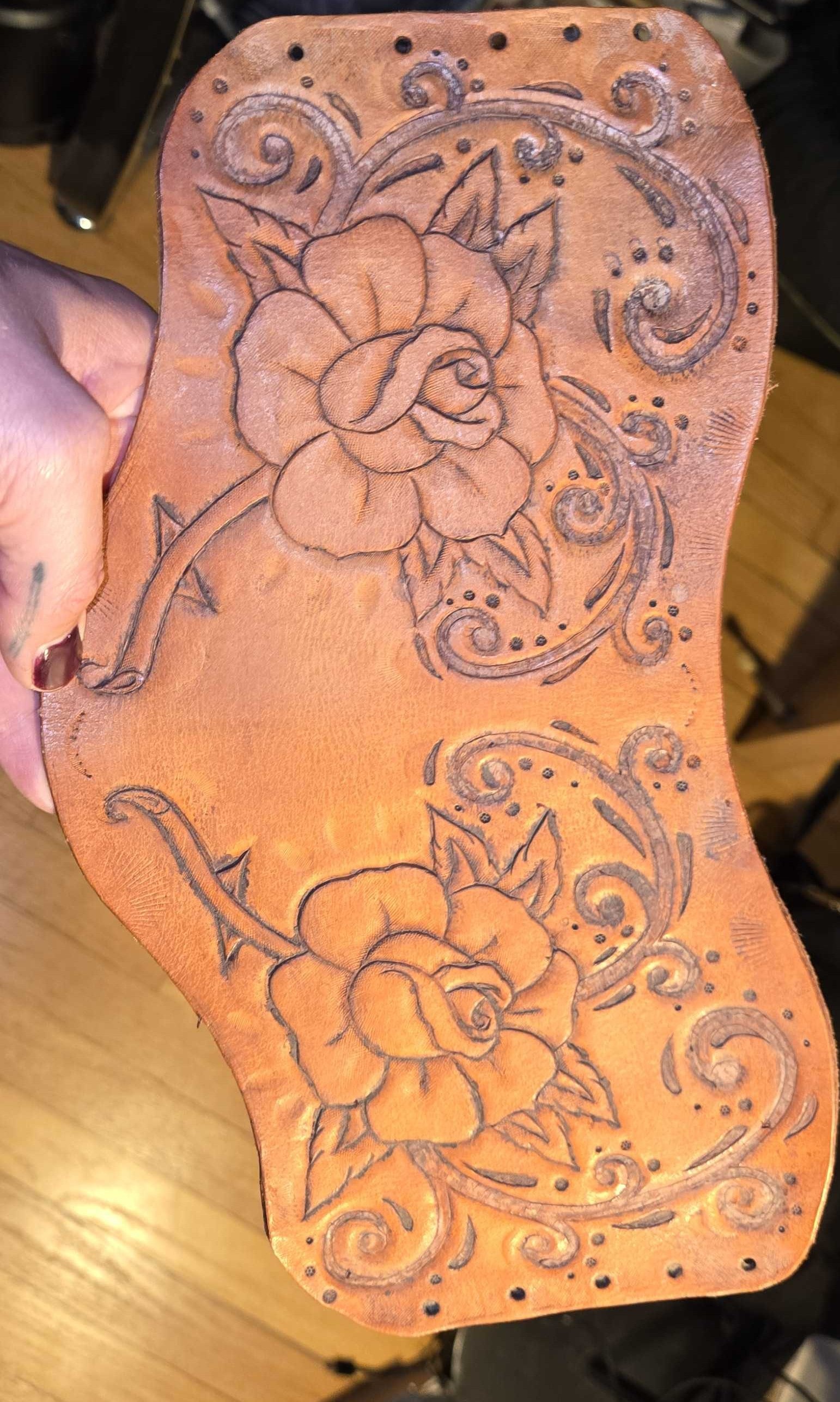 Handcrafted leather neck corset in progress