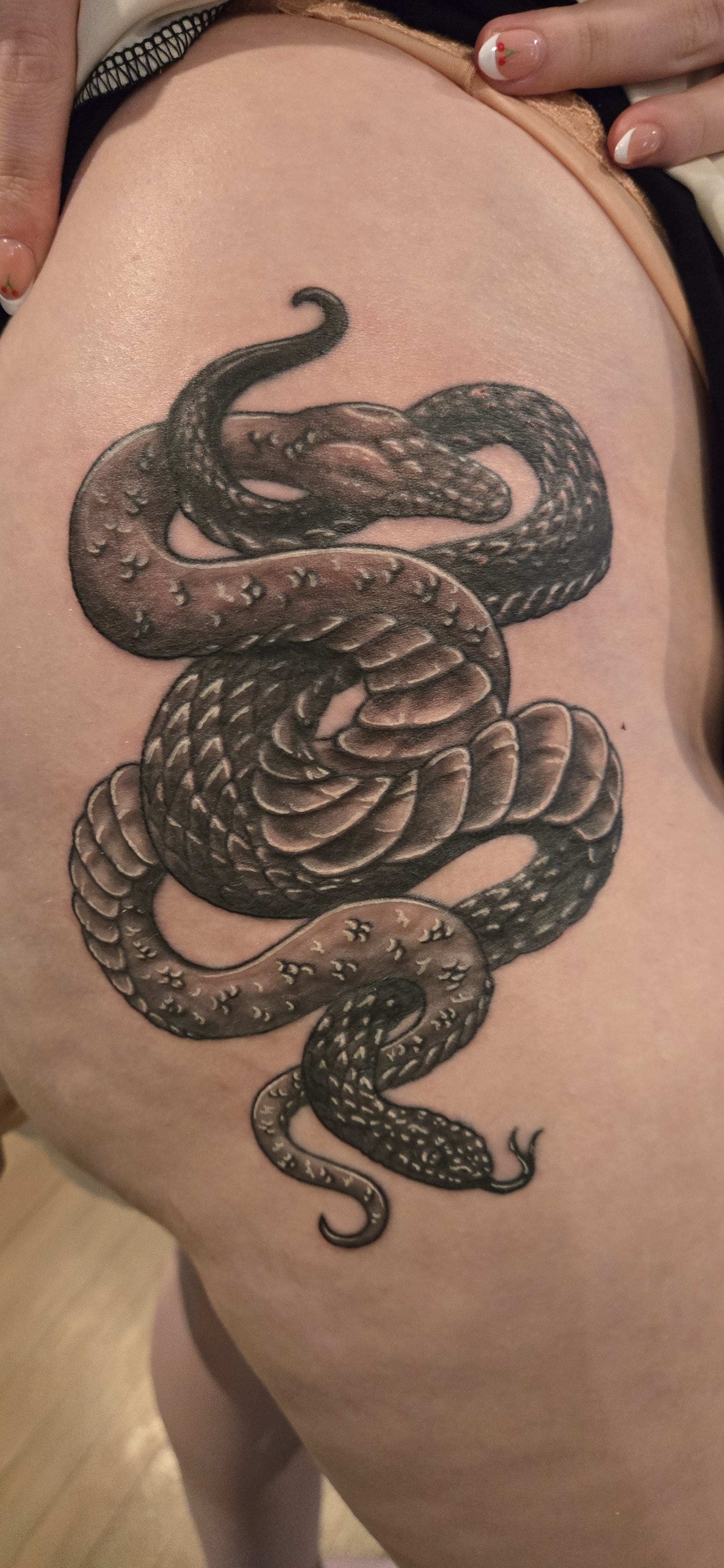 Black and gray coiled snake tattoo on a thigh