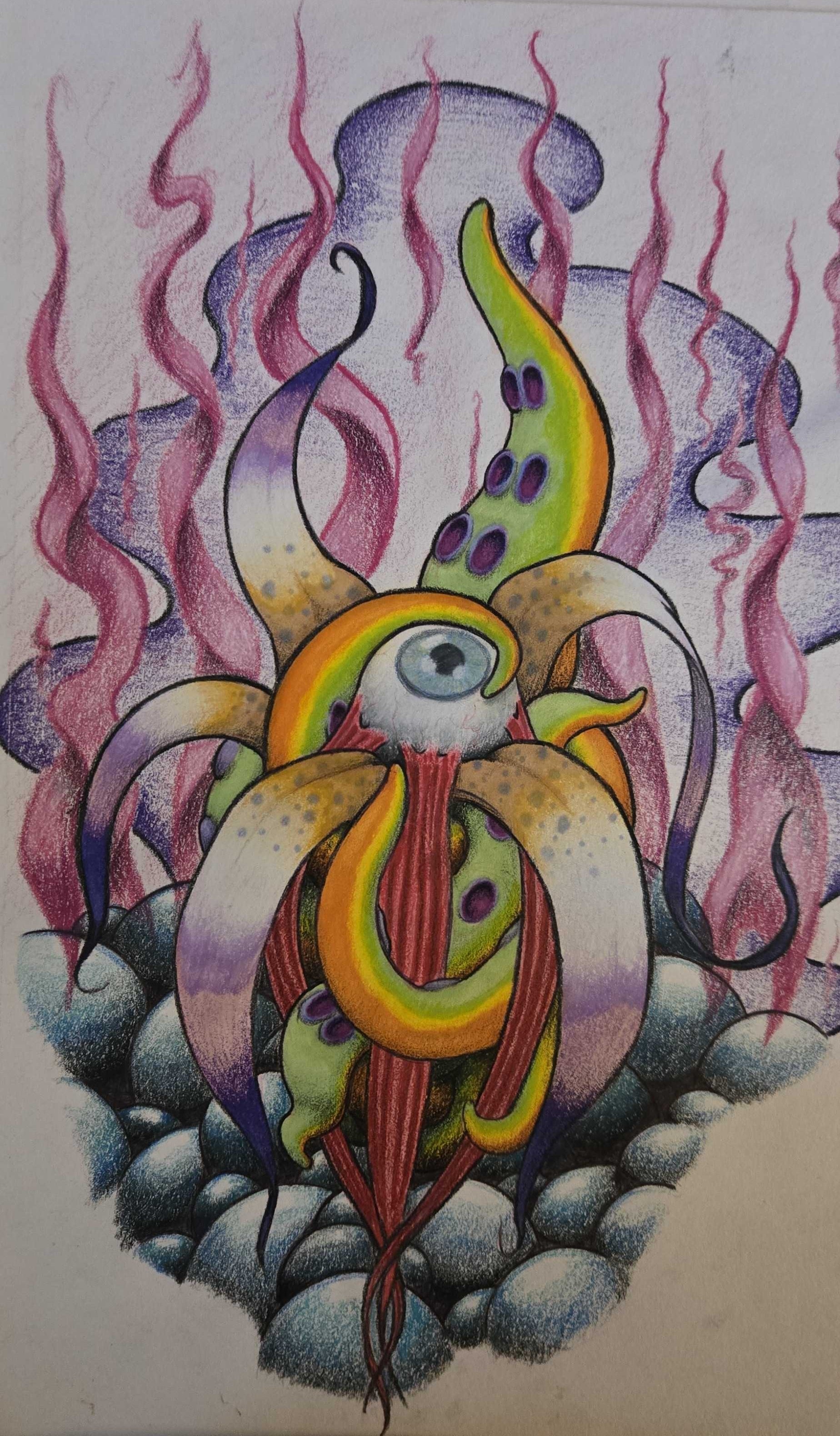 Colorful traditional-media abstract organic creature artwork