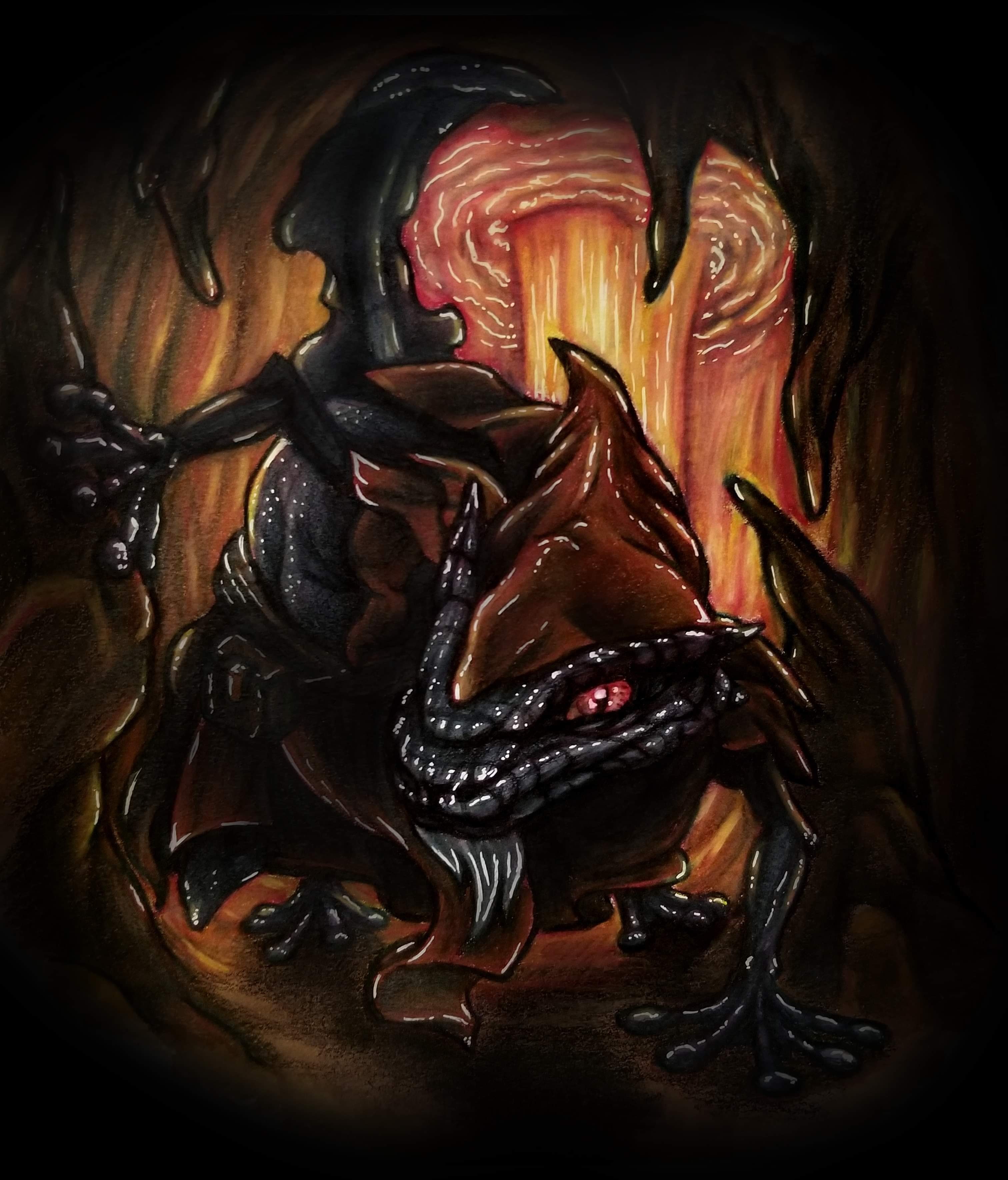 Dark traditional-media artwork of a black and red dragon-like creature against a warm orange background