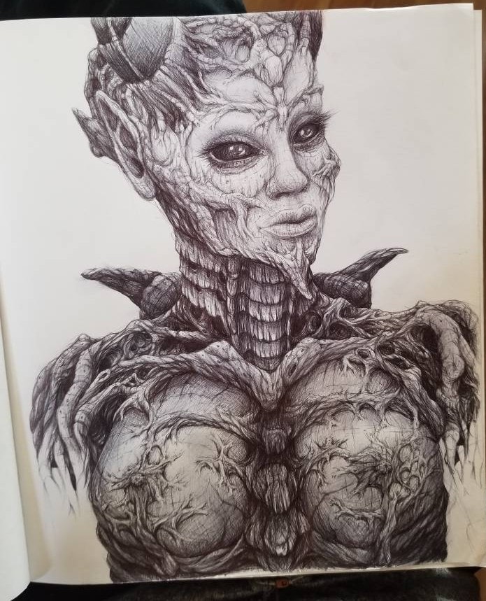 Pencil drawing of a detailed fantasy botanical creature portrait