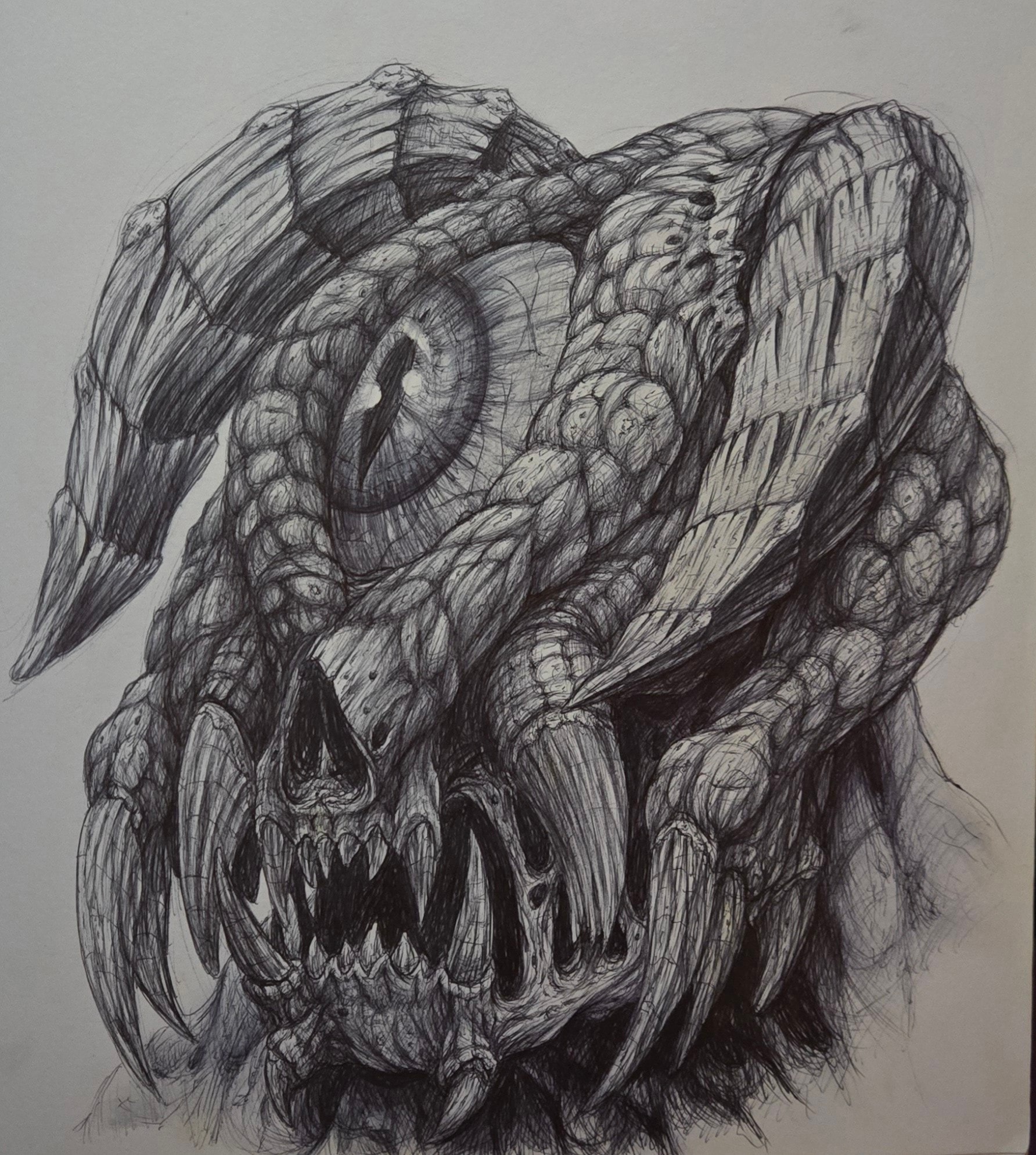 Monochrome traditional-media creature and skull drawing
