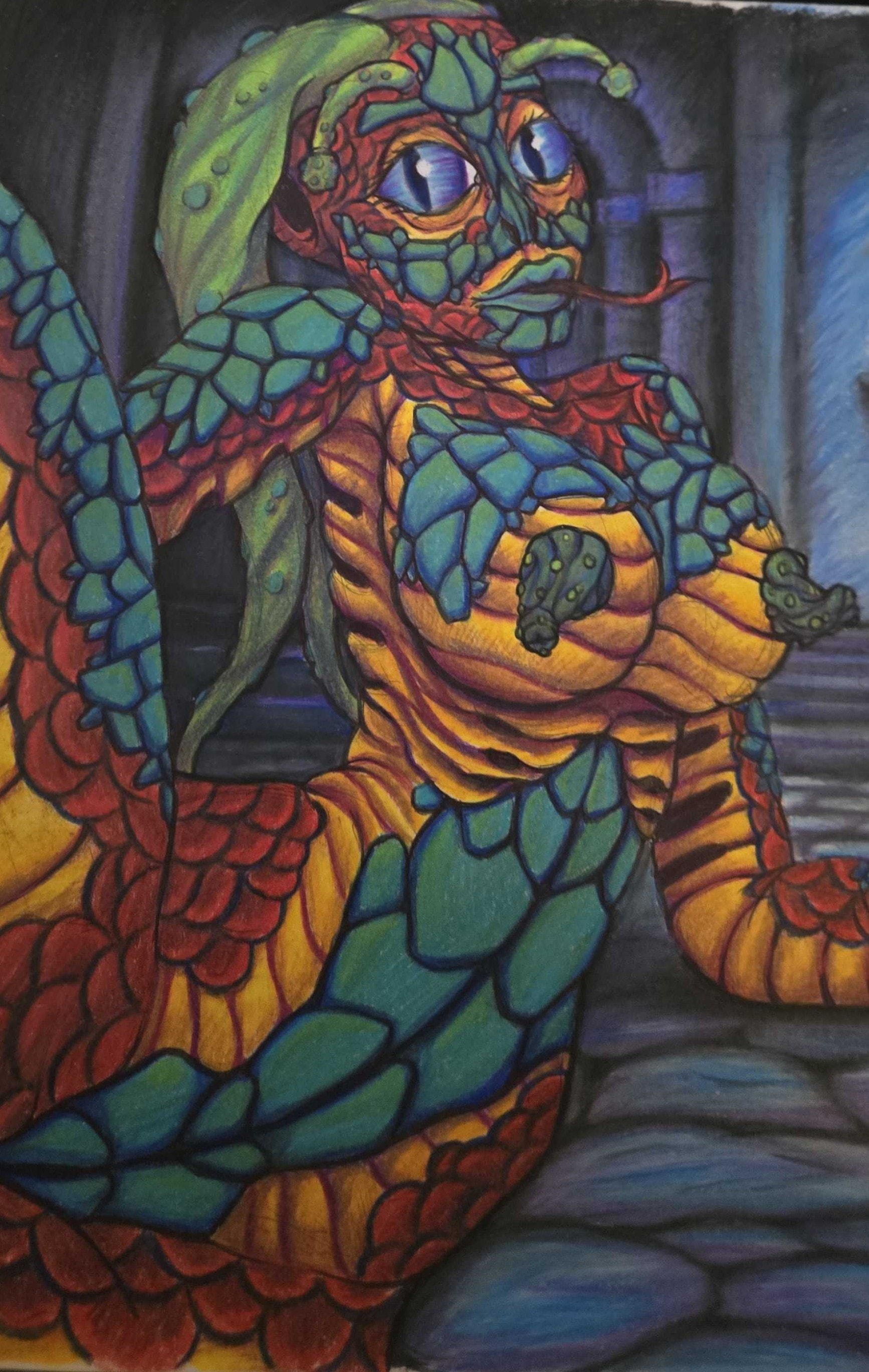 Colorful traditional-media dragon-like character artwork