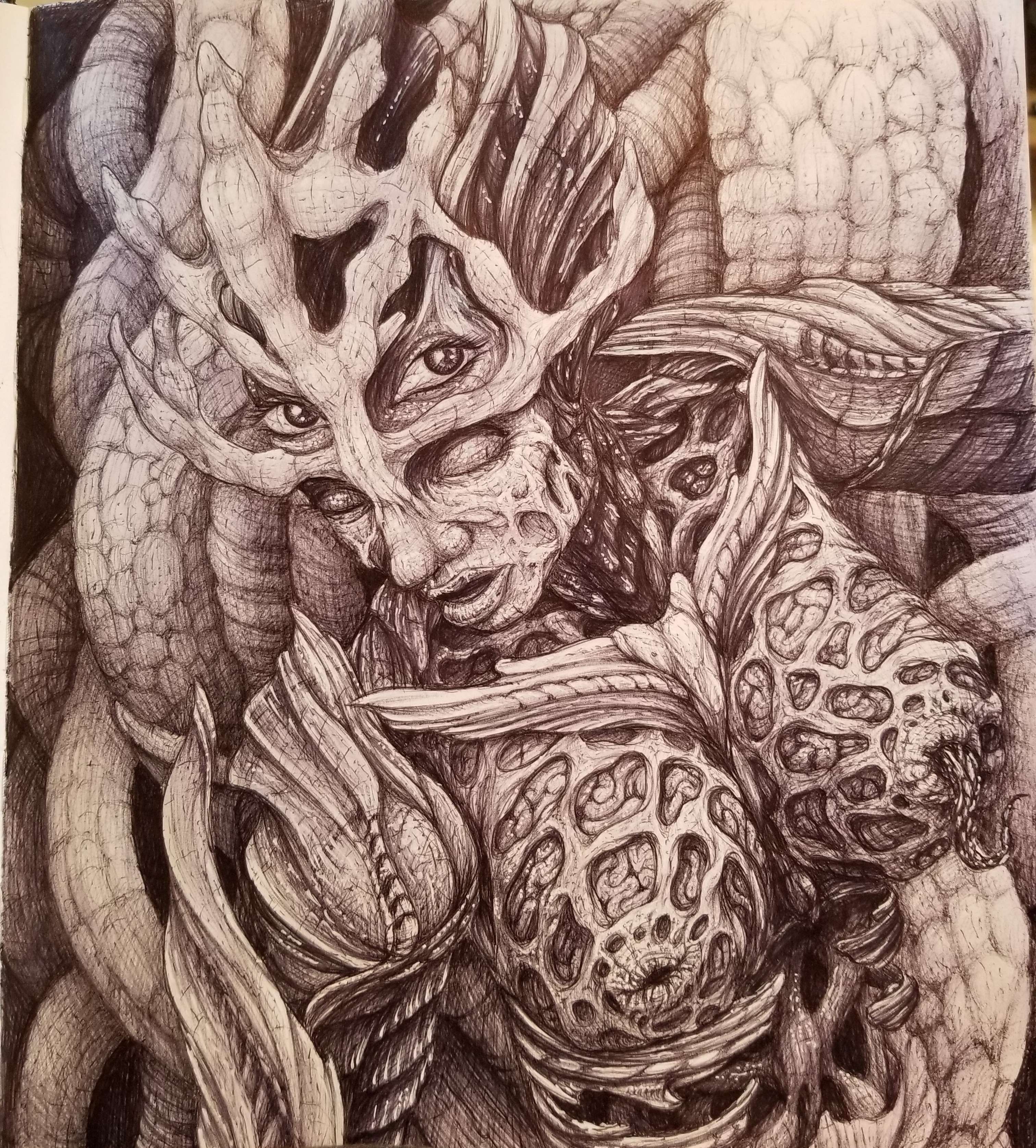 Detailed monochrome pen drawing of an intricate fantasy creature composition