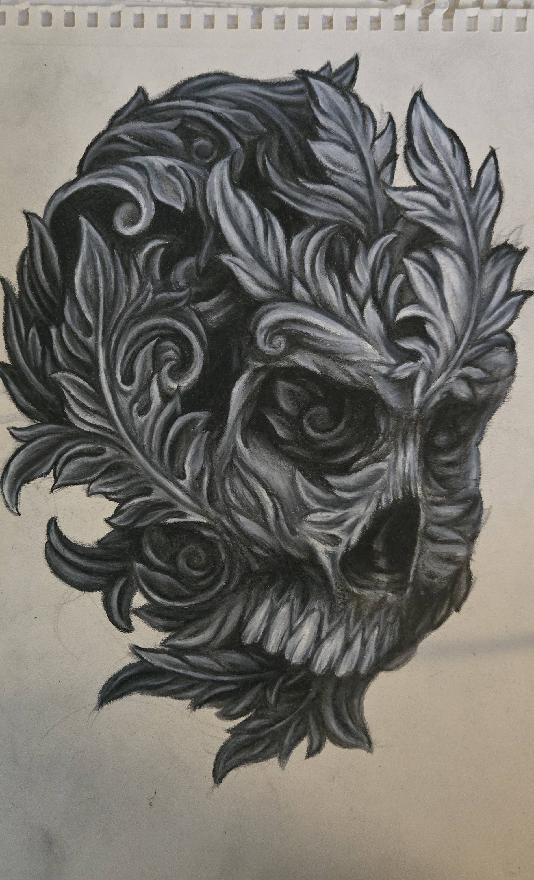 Monochrome traditional-media ornate creature drawing with leaves and scrollwork