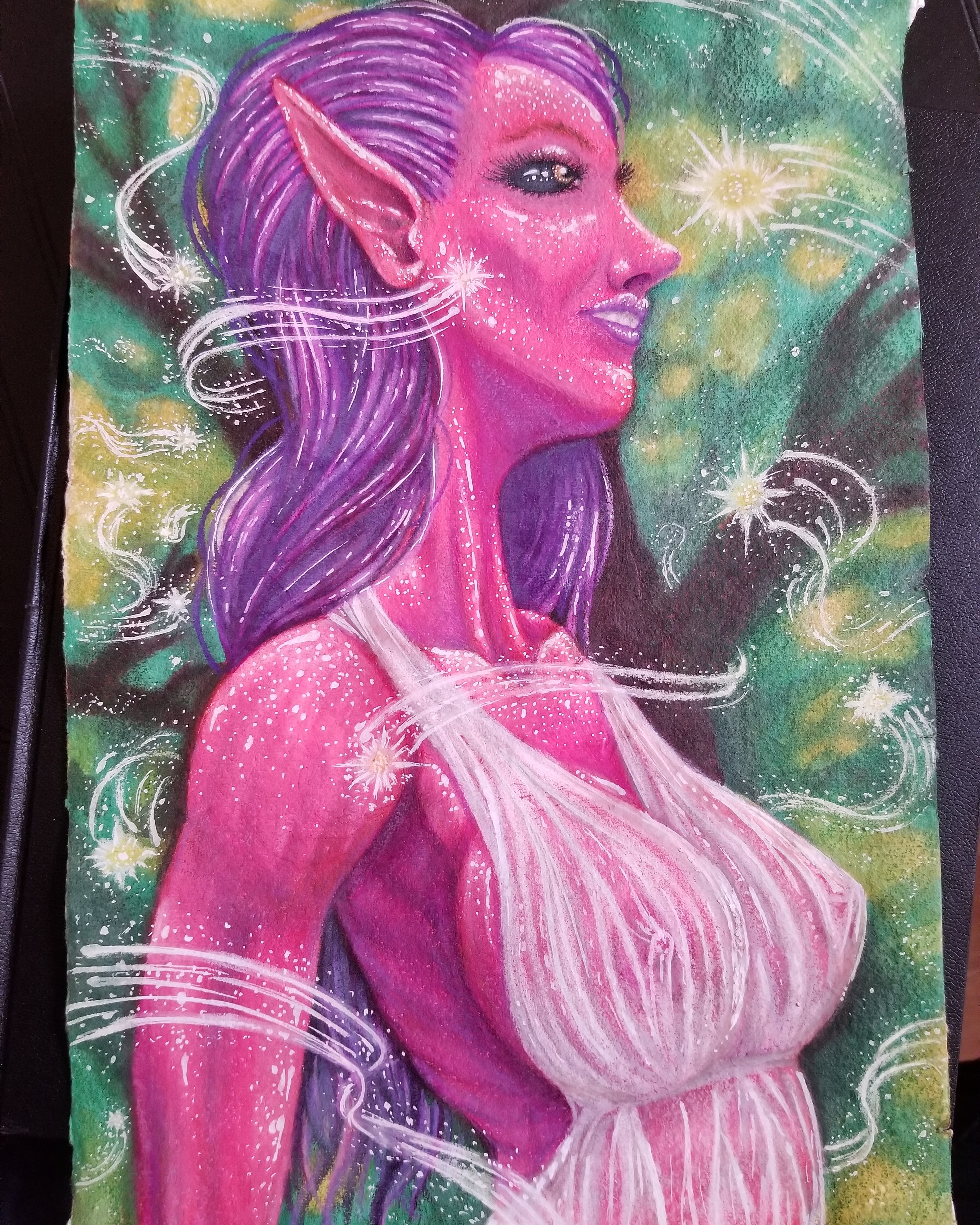 Colorful traditional-media portrait of a pink elf-like figure surrounded by luminous botanical forms