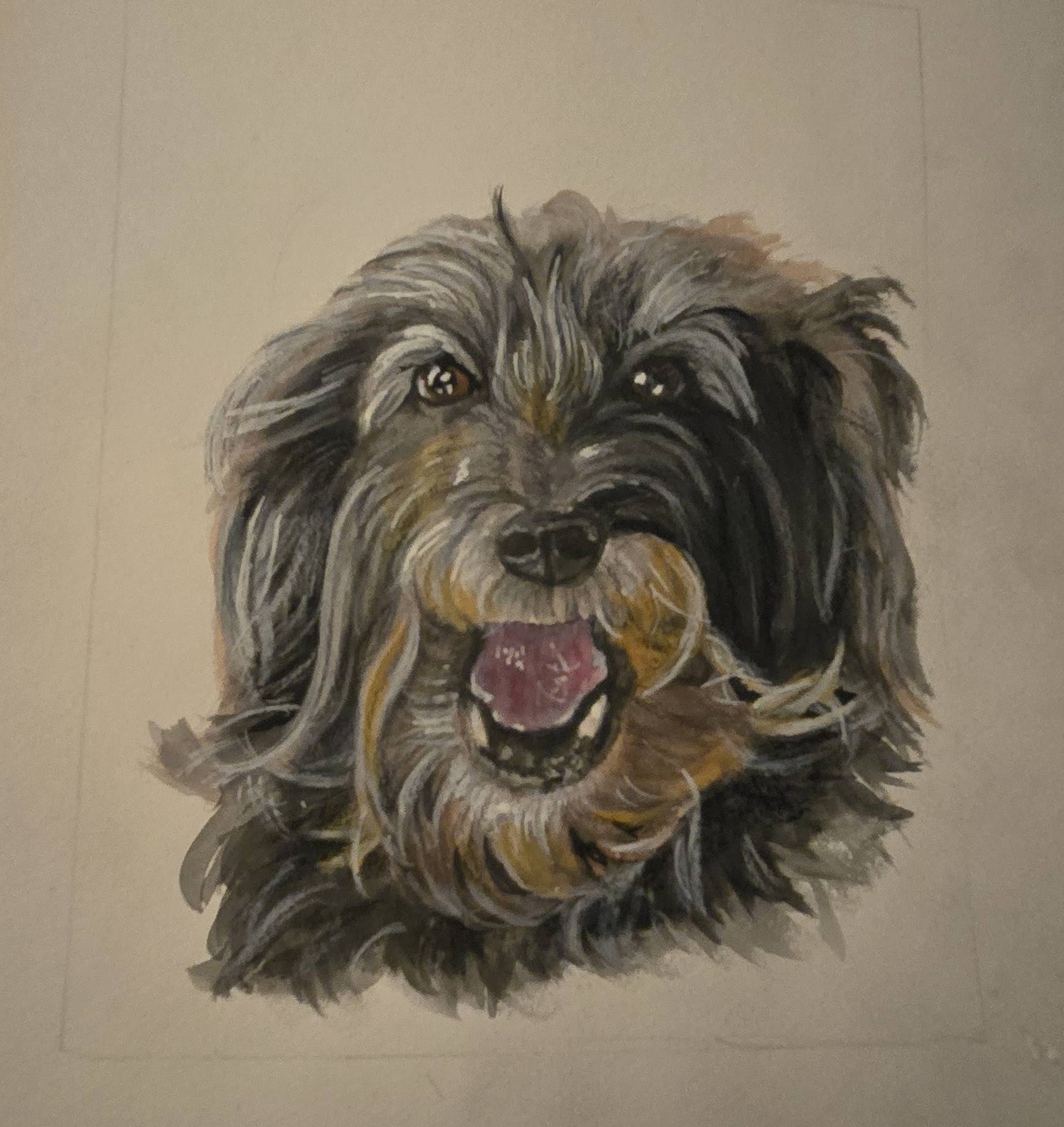Painterly traditional-media portrait of a shaggy happy dog