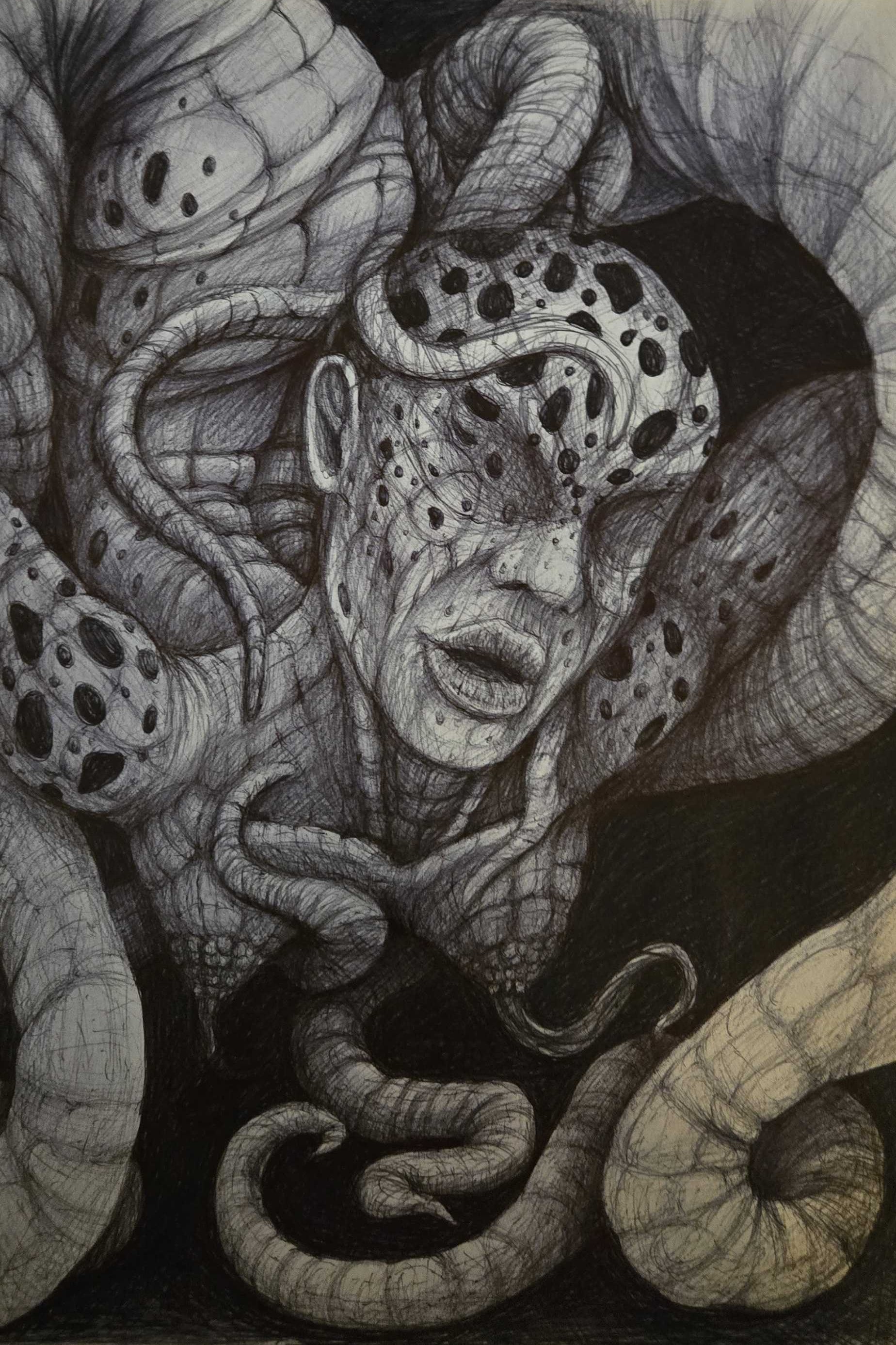 Monochrome traditional-media surreal figure surrounded by organic spotted forms