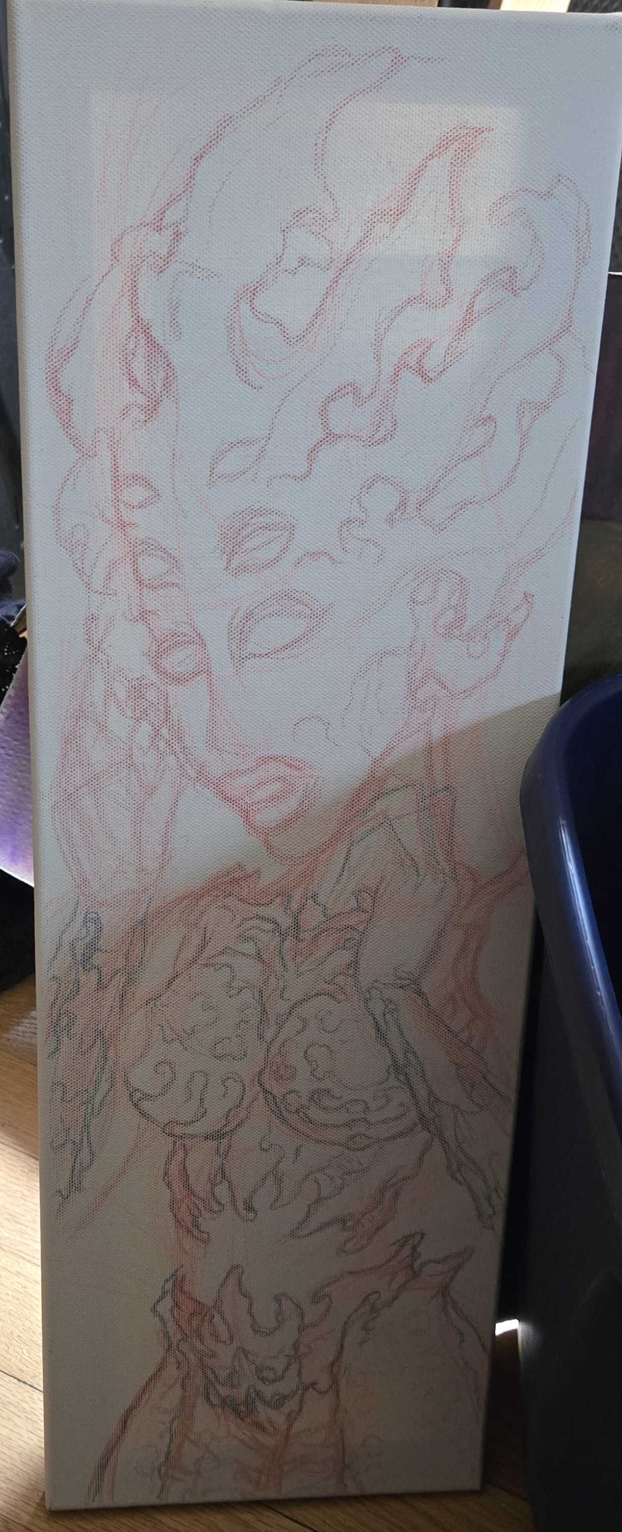 Work-in-progress red-line concept drawing on canvas featuring a stylized character composition
