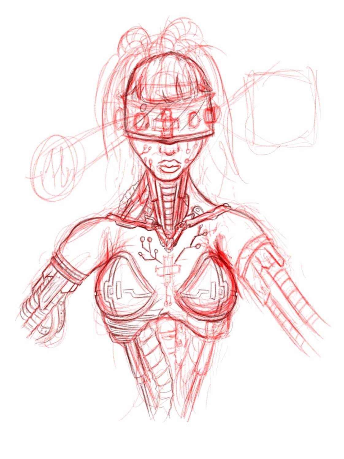 Red digital concept sketch of a futuristic streamer avatar character