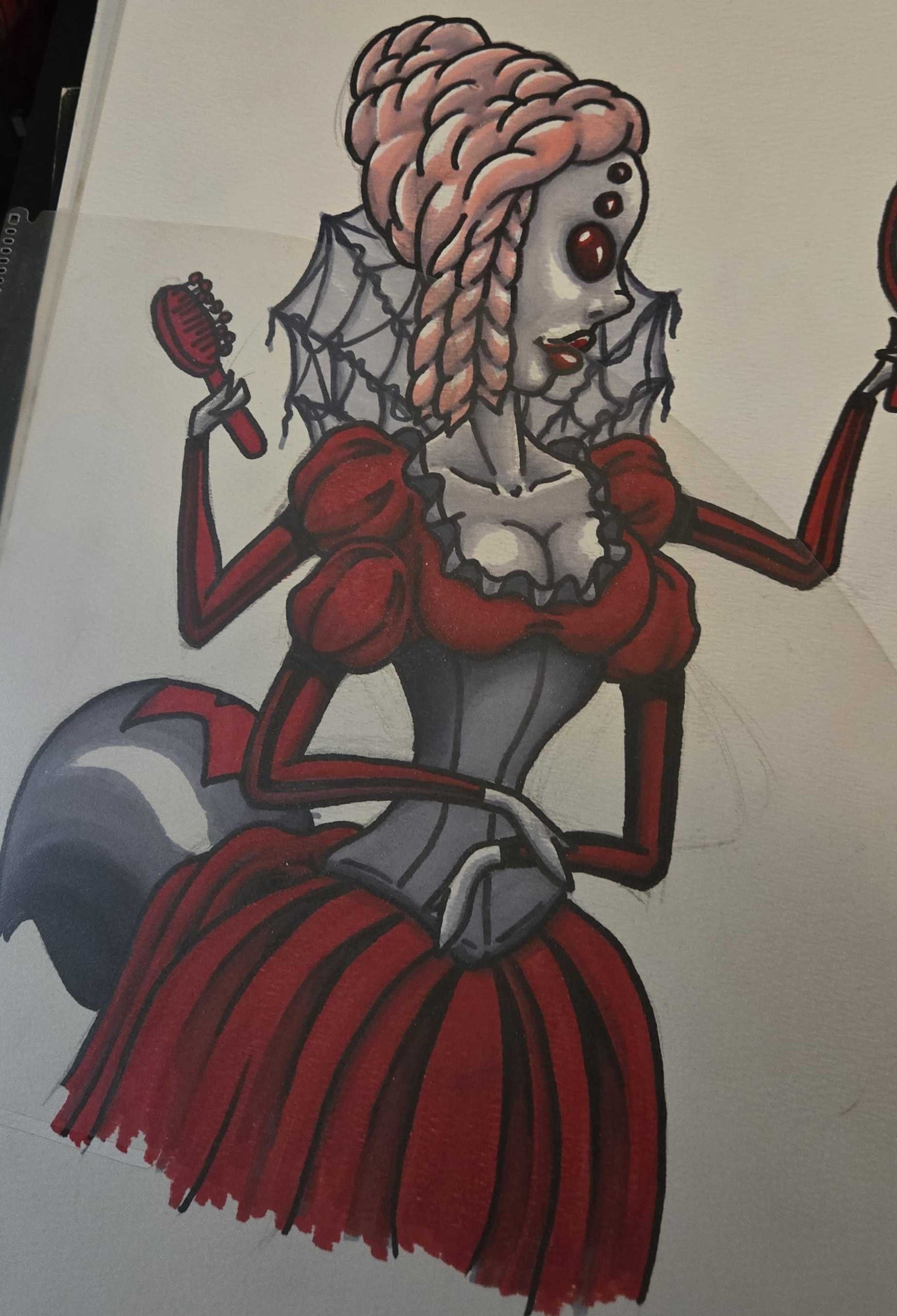 Work-in-progress character concept featuring a red-and-gray figure with bat-like wings and a large red skirt